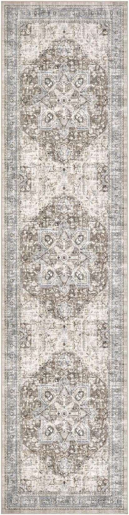 Tortania Area Rug 3x10 Runner Rugs - Washable Vintage Oriental Farmhouse Thin Indoor Carpet for Living Room Bedroom Hallway Entryway Kitchen Under Dining Table Home Office - Brown Blue