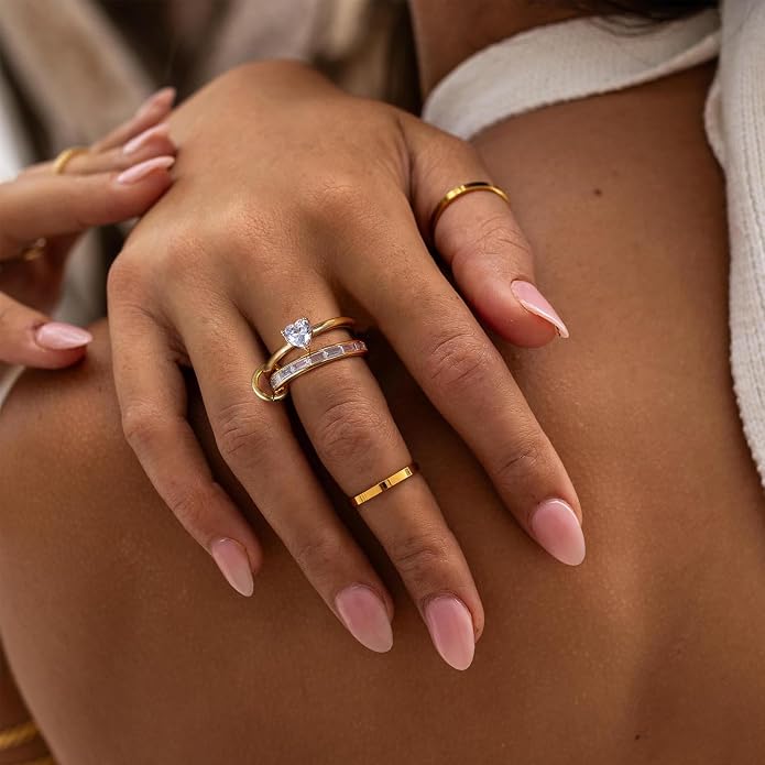 KissYan Stackable Rings for Women, 14k Gold Plate Interlocked Multi Ring Set Dainty Pave CZ Personalized Fashion Two-Toned Mixed Metals Stacking Jewelry Trendy Statement Gift