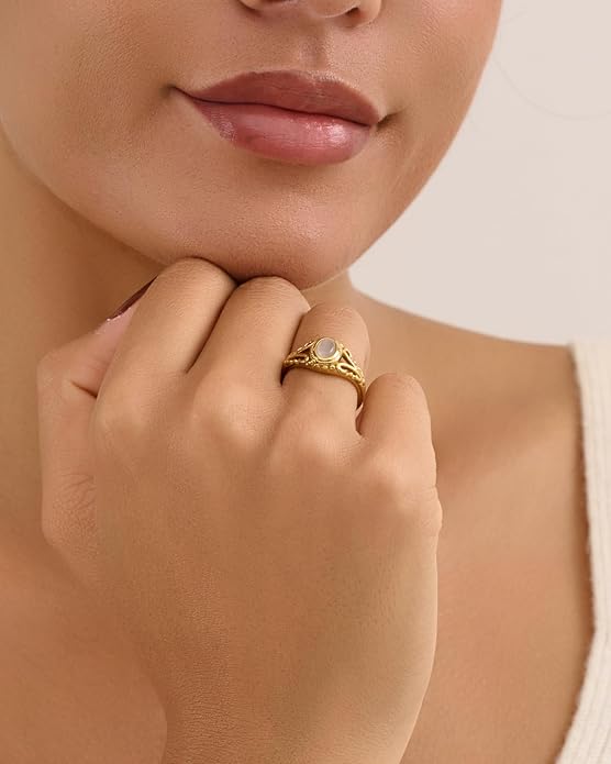YeGieonr Non Tarnish Gold Signet Rings for Women - Waterproof 18K Gold Plated Stainless Steel Pearl Ring, Statement Ring for Everyday Wear