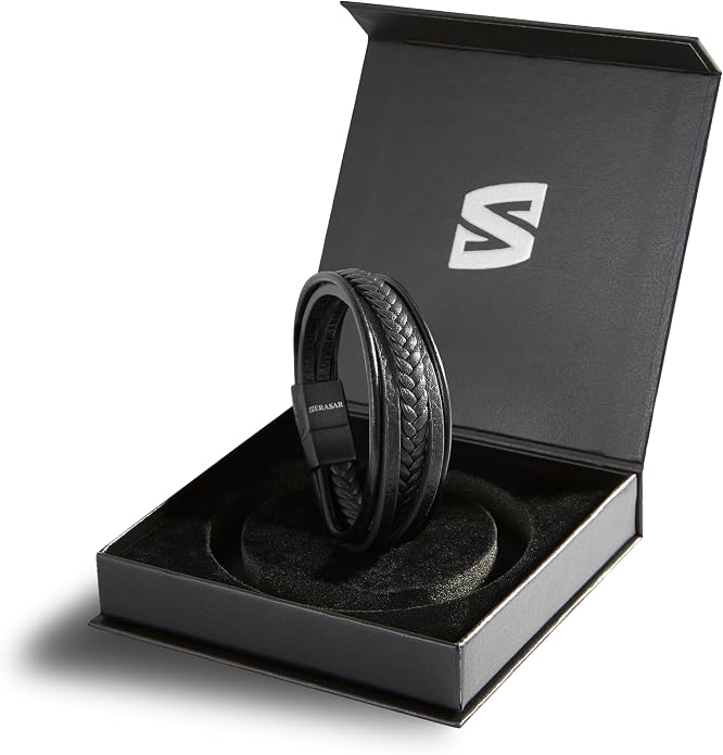 SERASAR | Premium Leather Bracelet [Braid] for Men in Black & Brown | Various Lengths | Magnetic Stainless Steel Clasp | Exclusive Jewellery Box | Great Gift Idea for Men