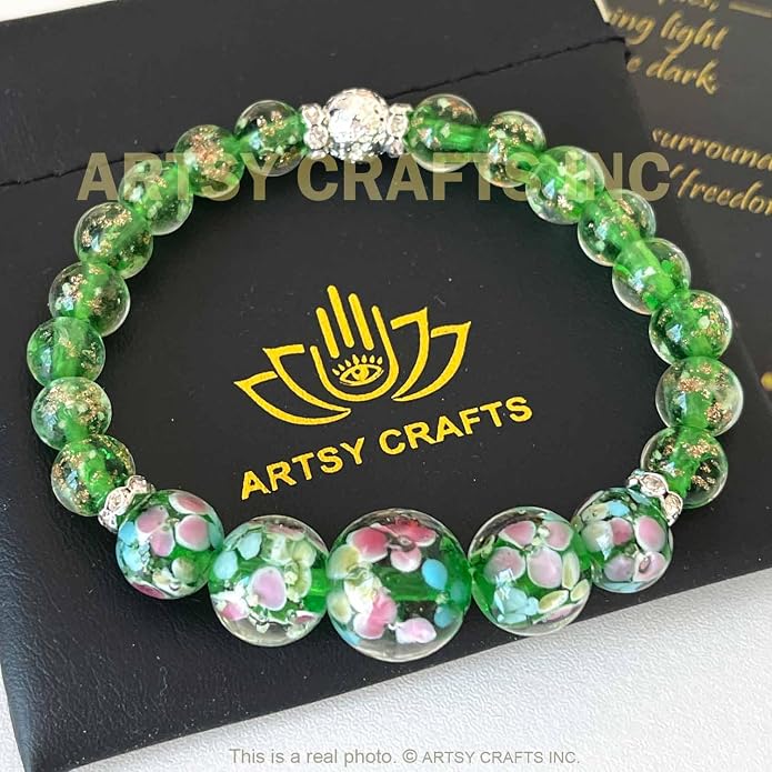 ARTSY Crafts Lily Garden Glow in the Dark Firefly Bead Bracelets Necklaces, Handmade in USA Murano Glass Jewelry, Flower Luminous Beads Mermaid Crystal Bracelet Bangle