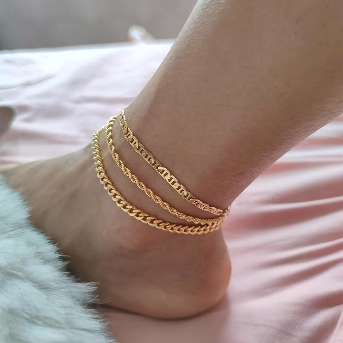 DEARMAY Gold Anklets for Women Waterproof, Non Tarnish14K Gold Plated Ankle Bracelets Set Stack, Summer Beach Jewelry Gifts for Vacation, Bikini Outfits for Women Mom Her