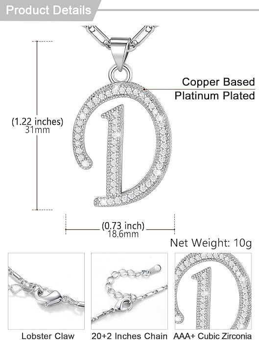 U7 Initial Necklace for Women, Gold/Platinum Plated CZ Crystal Letter A-Z Pendant Necklace, Shiny 20 Inch Name Chain Dainty Personalized Jewelry for Men Mom Wife Friend