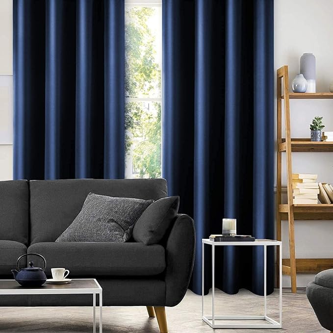 HOMEIDEAS 2 Panels Navy Blue Faux Silk Blackout Luxury Curtains, 52 X 84 Inch Room Darkening Satin Thermal Insulated Window Drapes for Bedroom Decor, Indoor