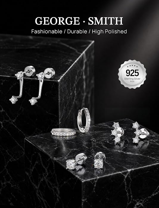 GEORGE · SMITH 4 Pairs Moissanite Earrings Set for Women 925 Sterling Silver Hypoallergenic Stud and Huggie Hoop Earrings Dainty Ear Stack Cartilage Earrings for Multiple Piercings Gift