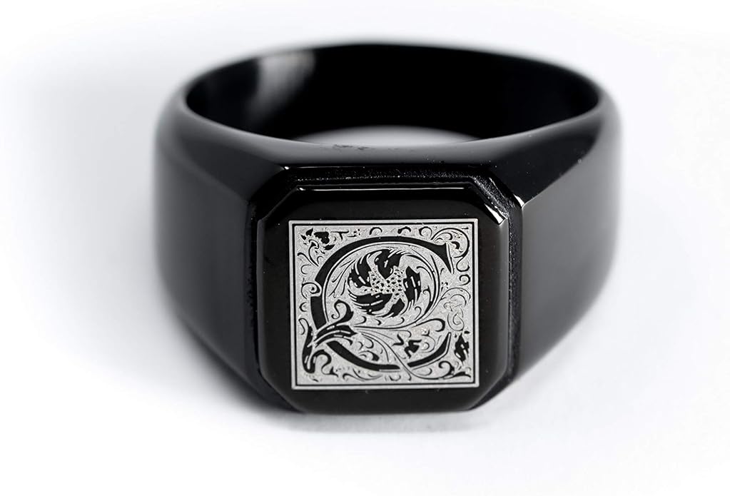Jewelry | Stainless Steel Letter Alphabet Initial Ring | Square Flat Top Ring for Men & Women | Stainless Steel Jewelry, (Black, Gold, Silver), Size 7-16
