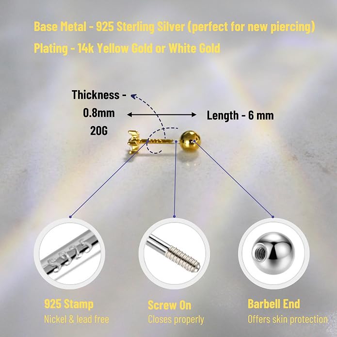 COSMO CARAT 14K Gold Plated Nap Earrings 925 Sterling Silver Star Moon CZ Stud Earrings Screw Back Hypoallergenic Celestial Tiny Cartilage Helix Second Piercing Earrings For Women