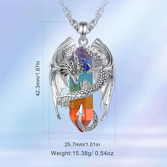 INFUSEU Unique Dragon Necklaces with Healing Crystal Stone for Men Women, Personalized Spiritual Gifts, 24 Inch Chain