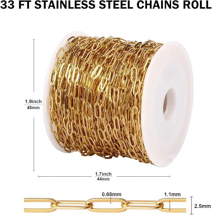 [33FT] 18K Gold Plated Paperclip Chains for Jewelry Making, 2.5mm Wide 304 Stainless Steel Paperclip Link Chain Roll Bulk for DIY Jewelry Making Craft