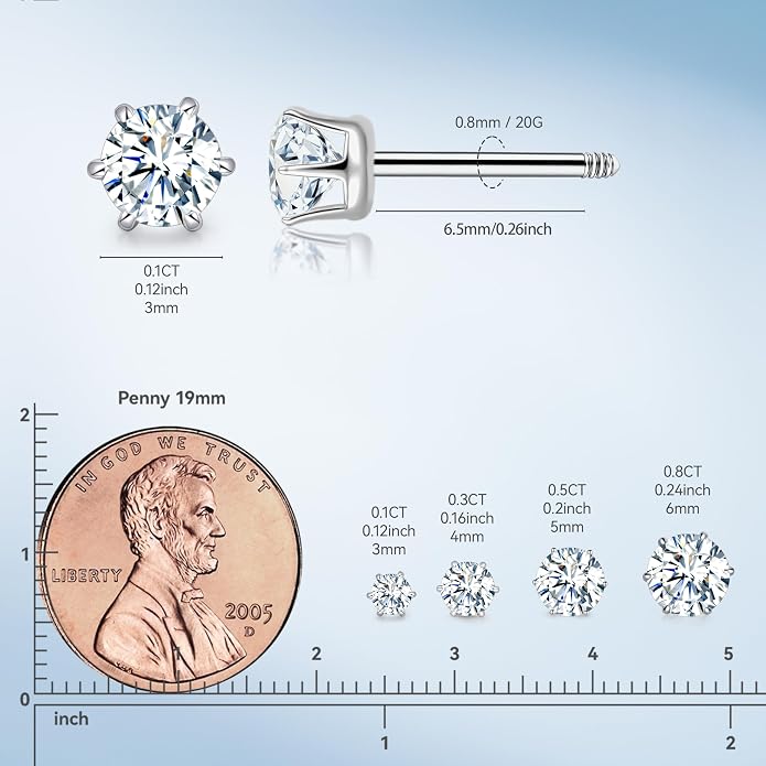 Limerencia Moissanite Stud Earrings G23 Titanium Hypoallergenic Screw Back Moissanite Earrings D Color VVS1 Clarity Jewelry Gifts for Women Men 0.2CT-1.6CT