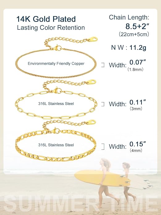 ChainsPro Stainless Steel Waterproof Anklet for Women, Adjustable Non Tarnish Layered Anklets, Trendy Dainty Cuban Link Ankle Bracelet Beach Jewelry Gifts for Swimming & Daily Wear (8.5+2 inches)