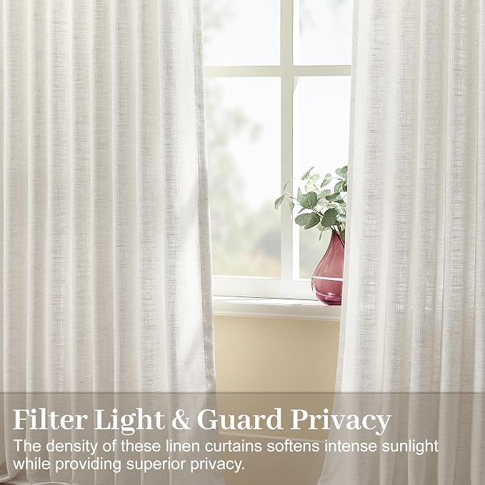 Extra Wide Pinch Pleated Linen Curtains for Living Room, Memory Trained Semi Sheer Curtain Pleated with Hooks Rings Back Tab Light Filtering Drapes for Sliding Door, 60x90, 1 Panel, Beige White