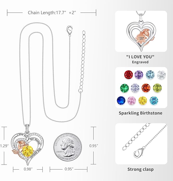 Birthstone Heart Necklaces for Women 925 Sterling Silver Fine Jewelry Rose Pendant Necklace Anniversary Birthday Mothers Day Gifts Her Wife Women Mom Daughter