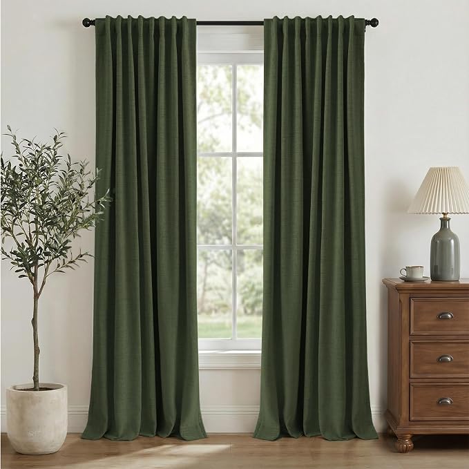 INOVADAY 100% Blackout Curtains 84 Inches Length 2 Panels Set, Back Tab/Rod Pocket Linen Black Out Curtains for Bedroom, Thermal Insulated Window Drapes - Loden Green, W50 X L84
