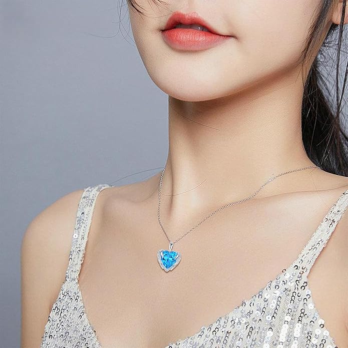 Angel Wings Necklace for Women 925 Sterling Silver Cubic Zirconia Love Heart Birthstone Pendant Necklaces