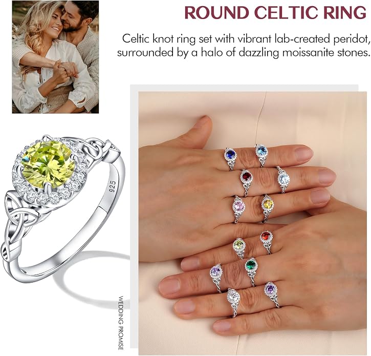 DAYBYDAY Celtic Birthstone Rings for Women 925 Sterling Silver Heart/Round/Pear/Oval Created Gemstone Moissanite Halo Engagement Promise Rings for Her Wife Birthday Anniversary Wedding Jewelry