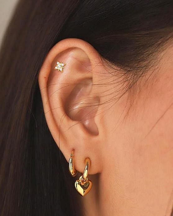 COCHARM 14K Gold Plated Cartilage Earrings Stud 16G Star 925 Sterling Silver Helix Tragus Earrings Surgical Steel Flat Back Earrings for Women