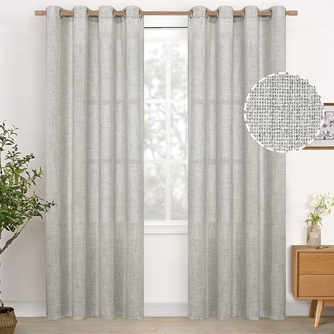 YoungsTex Light Grey Linen Curtains 80 Inches Long 2 Panels Set, Light Filtering Textured Window Drapes with Bronze Grommet Privacy for Bedroom Office Living Room, 52 x 80 Inch