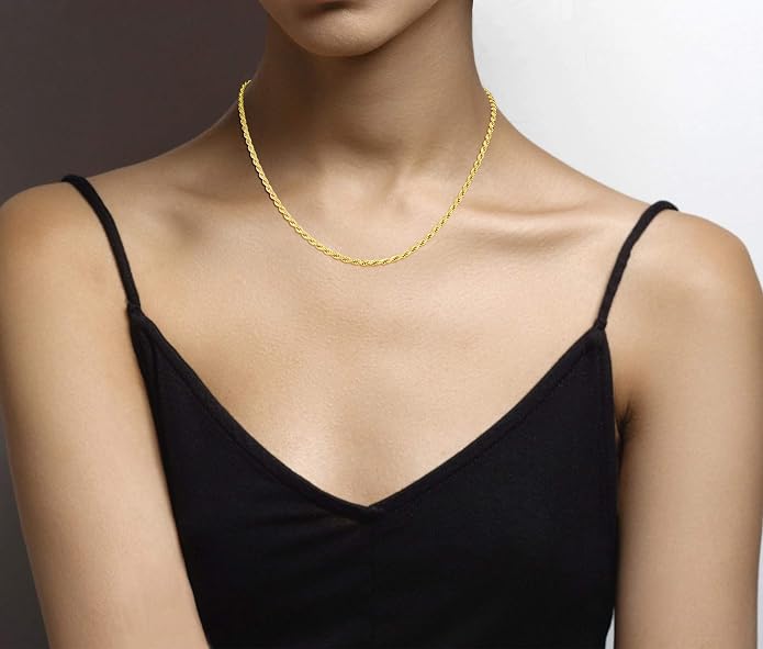 Miabella Italian 18K Gold Plated 925 Sterling Silver 2mm, 3mm Diamond-Cut Braided Rope Chain Necklace for Men Women, Made in Italy