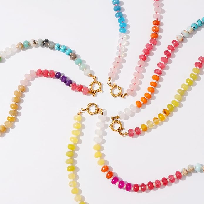 LALAPPLE Colorful Beaded Gemstone Necklace for Women, Boho Rainbow Bead Choker with Natural Stone Crystal Beads, Handmade Summer Beach Necklace Jewelry