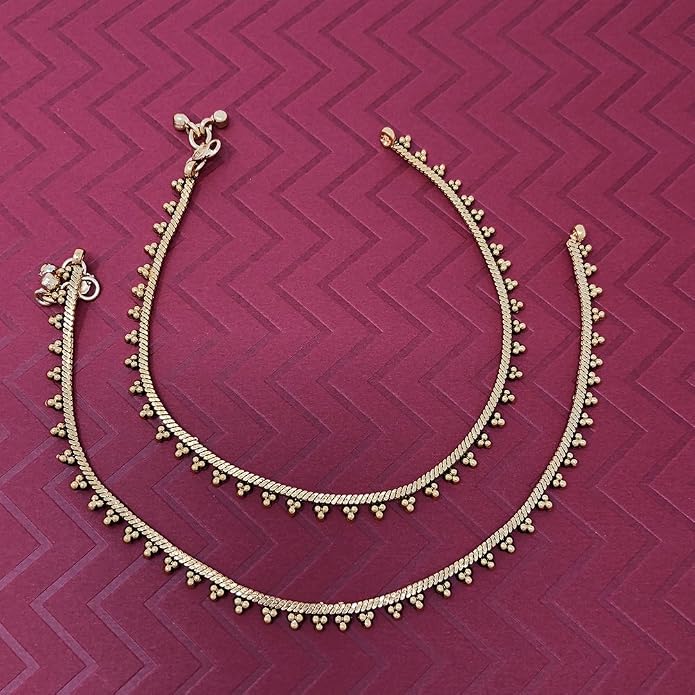 Duel On Jewel Gold Payal Set for Women, Indian Paayal Jhanjar Chain Anklets with Bell Detail, Foot Jewelry Pair, 10 Inch Comfort Fit, Traditional & Dainty Styles for Wedding Beach Everyday Gift