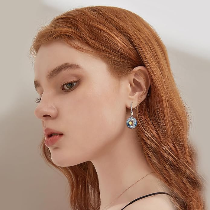 POPLYKE Tree of Life Birthstone Earrings 925 Sterling Silver Dainty Gemstone Birthstone Dangle Drop Earring with Crystal Fine Jewelry Birthday Gifts for Women Her