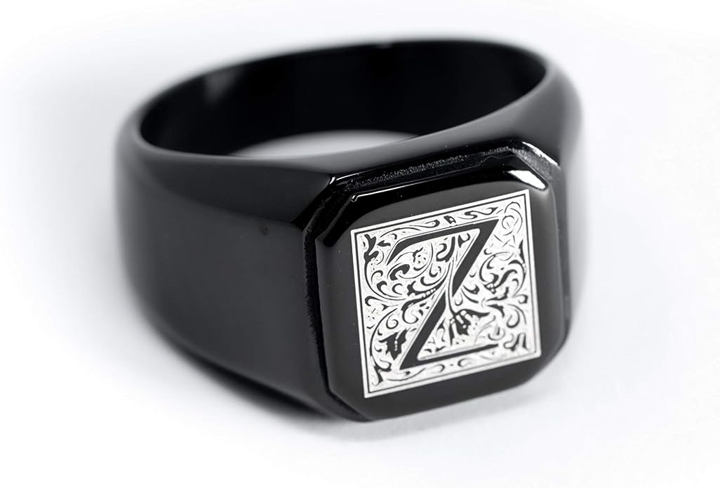 Jewelry | Stainless Steel Letter Alphabet Initial Ring | Square Flat Top Ring for Men & Women | Stainless Steel Jewelry, (Black, Gold, Silver), Size 7-16