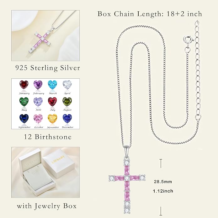 Birthstone Cross Necklace for Women 925 Sterling Silver Christian Religious Crucifix Pendant Rectangular Cut Birthstone Jewelry Gifts for Her