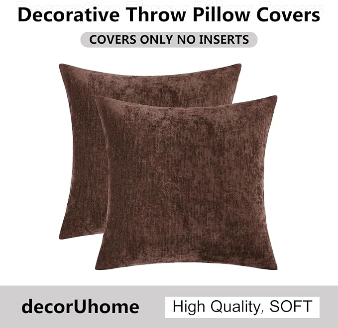 decorUhome Soft Chenille Reddish Brown Throw Pillow Covers 16X16 Set of 2 | Decorative Fall Couch Pillow Covers Solid Dyed Accent Modern Farmhouse Neutral Square Pillow Cases for Sofa