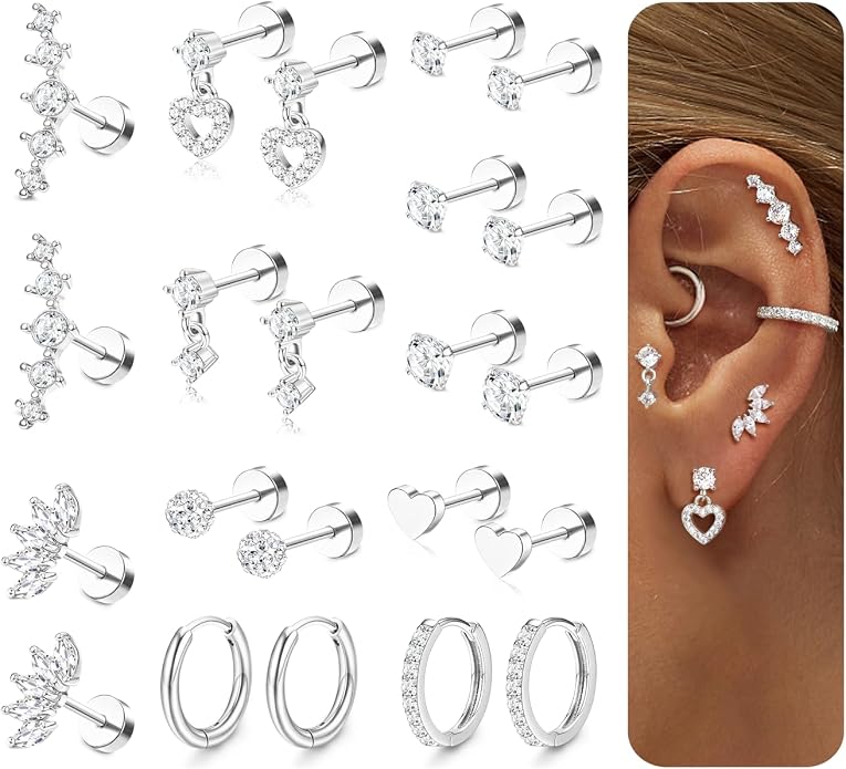 LOLIAS Hypoallergenic Flat Back Earrings for Women Cartilage Earrings Stacks-20G Surgical Stainless Steel Flatback Stud Hoop Earring Set Daith Conch Tragus Helix Piercing Jewelry