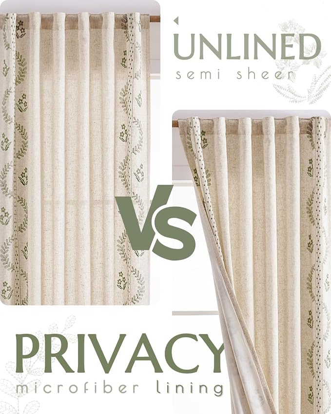 jinchan Floral Lined Linen Curtains 63 Inch Rod Pocket 2 Panels Sage Green | Embroidered curtains,privacy lining,boho curtains,light filtering,living room,bedroom,flower patterned,window treatment