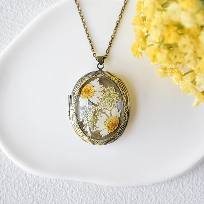 Vintage Photo Locket Necklace Handmade Pressed Flower Locket Necklace for Women