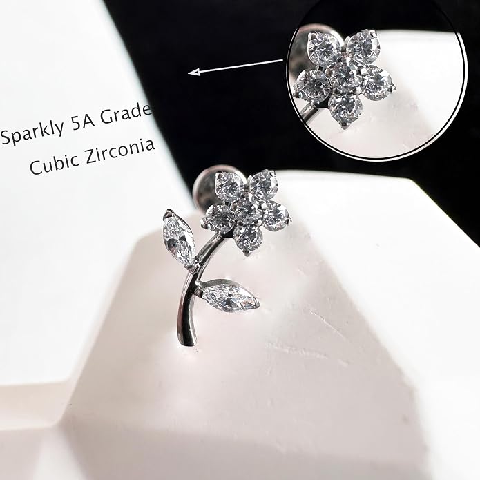 16G Titanium Conch Earrings Clear CZ Flower Helix Piercing Jewelry with Internally Threaded Flat Back Earring Cartilage Studs Tragus Jewelry for Women