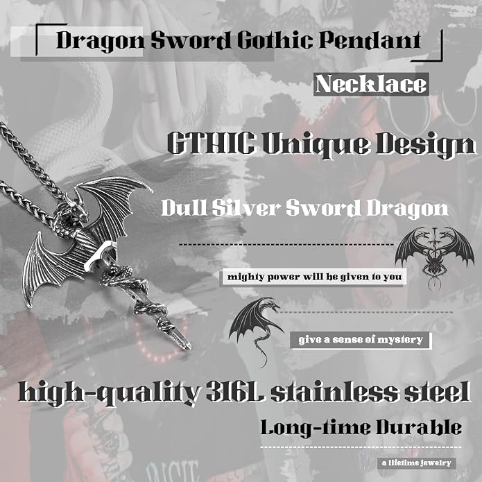 GTHIC Stainless Steel Nordic Viking Dragon Pendant Necklace Vintage Sword Jewelry With Chain