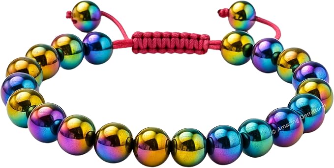 Amazing Gemstone Rainbow Hematite Bracelet, Gifts for Men & Women - Protection Healing Crystal Bracelet - 8mm Gemstone Beaded Adjustable Bracelet, Pulseras para Hombres Mujer Stocking Stuffers