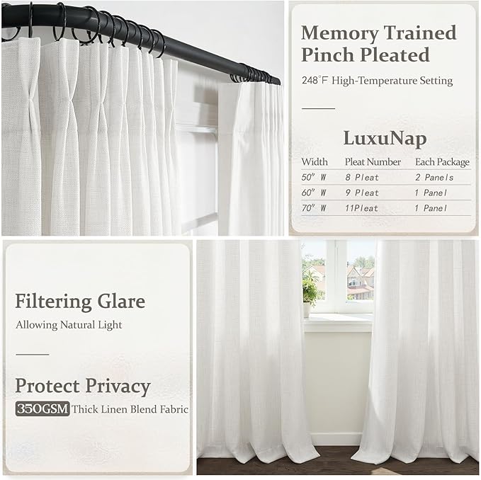 132 Inch Extra Long Natural Linen Curtains for Living Room 2 Panels Set, Beige White Memory Trained Pinch Pleat Semi Sheer Luxury Window Curtain Light Filtering Privacy 11 FT Length Large Viral Drapes