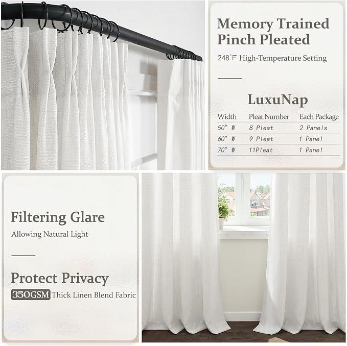 Memory Trained Pinch Pleated Extra Long 120 Inch Curtains for Nursery, Off White Natural Linen Blend Light Filtering Kids Room Semi Sheer Windows Curtain & Drapes 10FT Length 2 Panels Set 50"W x 120"L