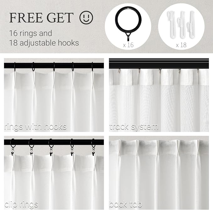 102 Inches Long White Pinch Pleated Sheer Curtains with Hooks,Back Tab Semi Transparentes Light Filtering Linen Cotton Blend Minimalist/Scandinavian Style Drapes Curtains,40" Wx102" L Snow White