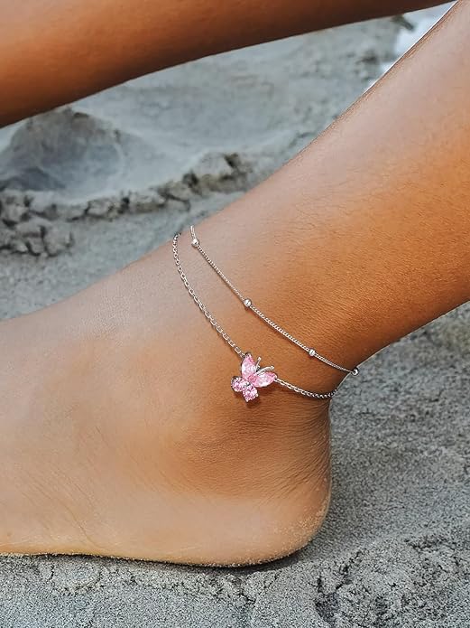 Richsteel Double Layer Heart/Butterfly Birthstone Anklet for Women Non Tarnish Waterproof, Silver/Gold/Black Stainless Steel 8.5-10.5 Inch Adjustable Chain Anklets Jewelry Gifts for Her