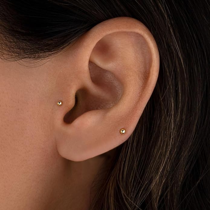 14k Yellow/White Gold Body Jewelry Earrings for Women Threaded Micro CZ Gem Top Tragus/Helix/Labret Stud 16G 6mm 8mm