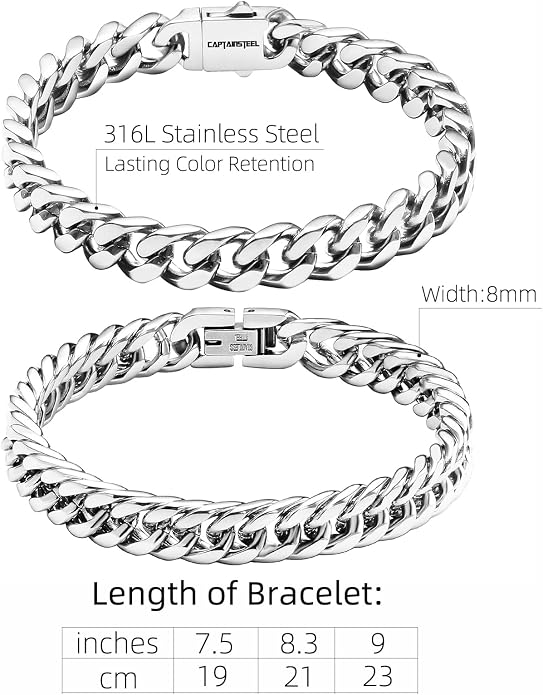 CaptainSteeL 2Pcs Cuban Link Chain Bracelet Set - Stainless Steel Bracelet, Gold Plating, Fashion Jewelry for Men, Women, Boyfriend, Lover, 7.5/8.3/9 Inches