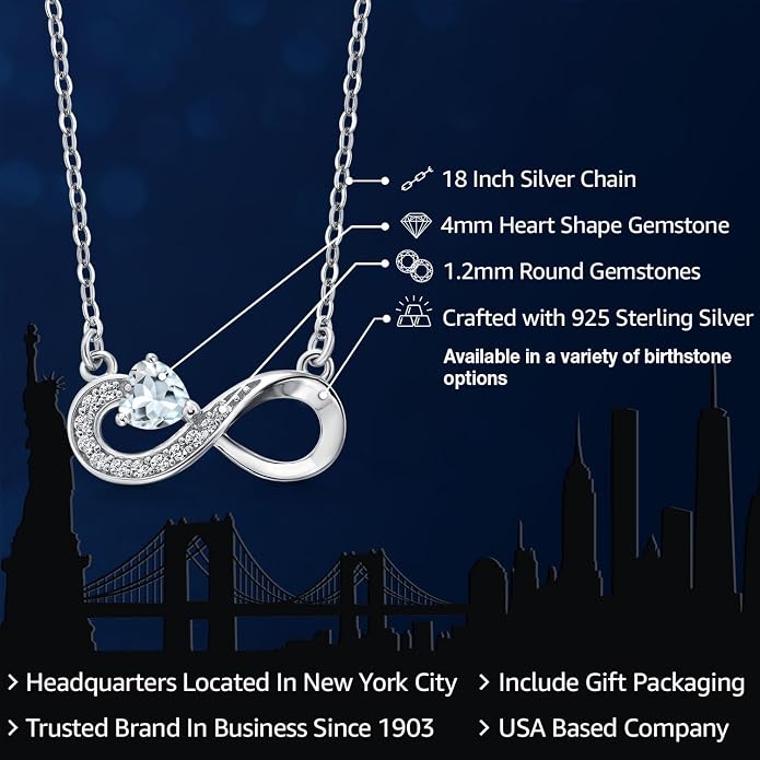 Gem Stone King Infinity Heart Pendant Necklace For Women | 925 Sterling Silver | 4MM Heart Shape Gemstone Birthstone | 18 Inch Silver Chain | Fine Jewelry Gift for Her Mom Women Wife