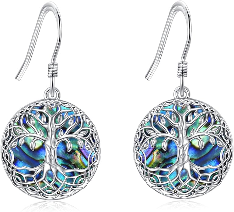 VONALA Tree of Life Earrings 925 Sterling Silver Celtic Tree Abalone Shell Leverback Drop Dangling Earrings Birthday Anniversary Christmas Jewelry Gifts for Women