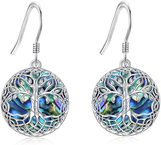 VONALA Tree of Life Earrings 925 Sterling Silver Celtic Tree Abalone Shell Leverback Drop Dangling Earrings Birthday Anniversary Christmas Jewelry Gifts for Women