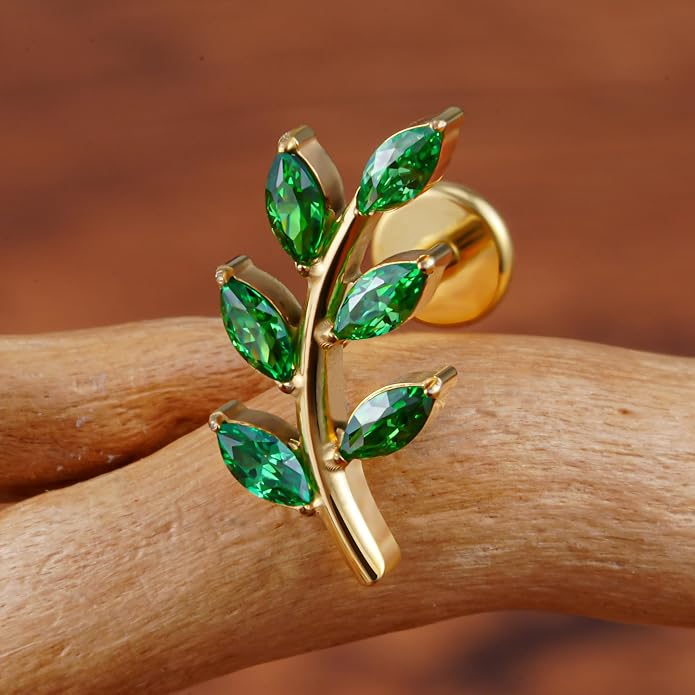 FINE4U 1PC Leaf Flat Back Stud Flat, Helix, Conch, Tragus 6mm 8mm - ASTM F136 Titanium Screw on Body Piercing Jewelry