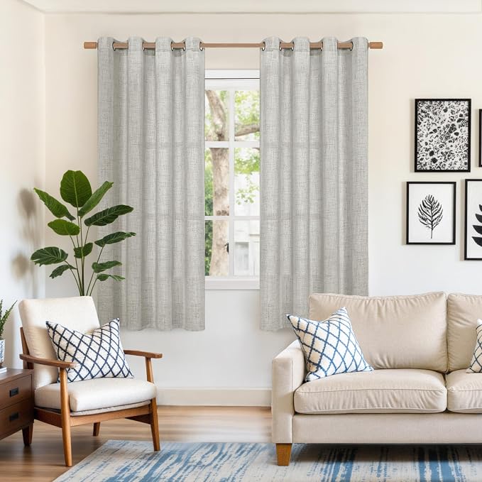YoungsTex Light Grey Linen Curtains 63 Inches Long 2 Panels | Textured Light Filtering Window Drapes Semi Sheer with Bronze Grommet Privacy for Living Room Bedroom, 52 X 63 Inch