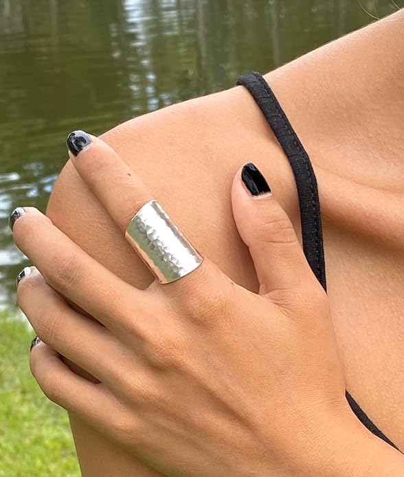 Hammered Shiny Handmade Sterling Silver Large Long Boho Statement Ring, Wide Band Wrap Adjustable to Sizes 6-12,Also as Thumb Ring, Gift for Her