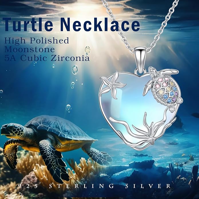Sea Turtle/Seaweed Necklace for Women 925 Sterling Silver Heart of the Ocean Moonstone Pendant Necklace Turtle Moonstone Jewelry Gift for Wife Mom