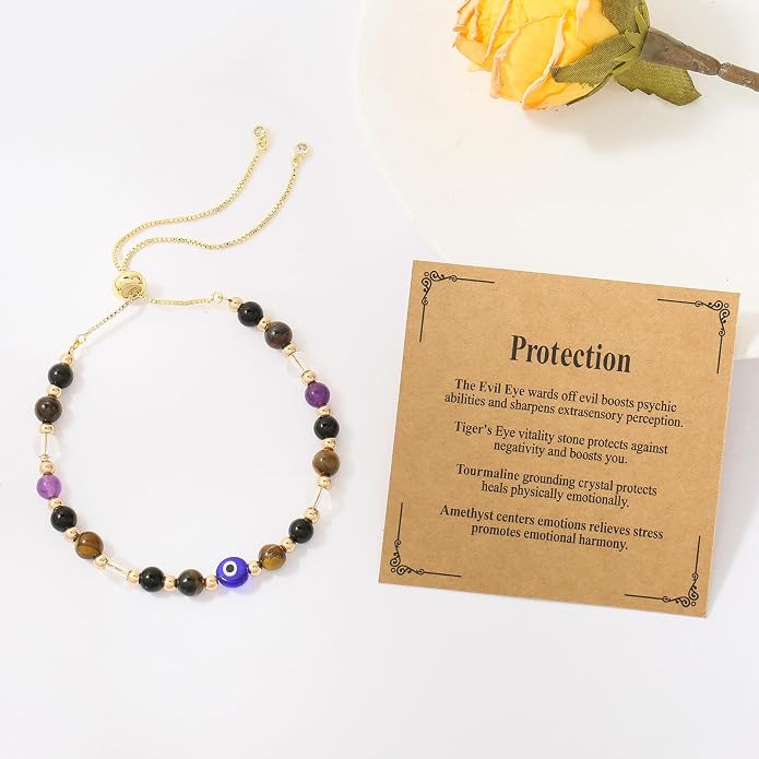 Jardme Natural Healing Crystals Bracelets for Women, Anxiety Relief Triple Protection Good Luck, Kalm Bracelet, Inspirational Spiritual Jewelry Gift for Friends Daughter Mom 6.5+2 Inches