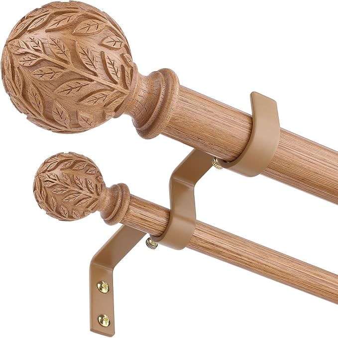 Boho Decorative Double Curtain Rods for Windows, 36-122 Inch, Wood | Handmade Wood Grain Leaf Finials, Heavy Duty Adjustable Long Rustic Metal Dual Layer Rod, 40 lb Capacity, Easy to Install